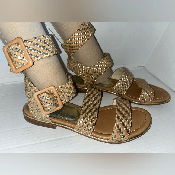 Donald J Pliner Women’s Size 7.5 Leather Sole Flat Lucia Gladiator Sandals weave - Picture 2 of 7